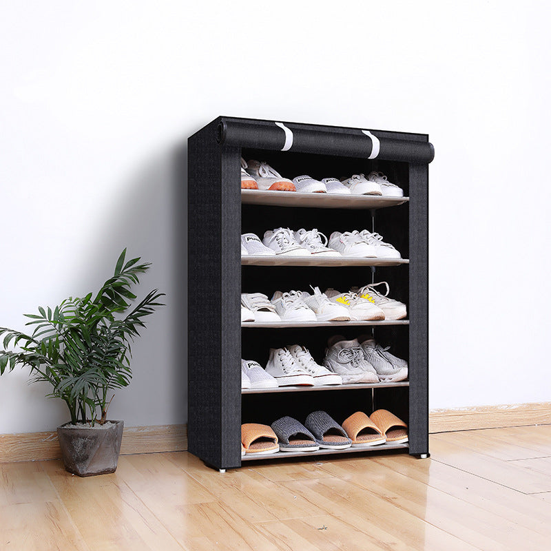 Black open shoe rack showing neat rows of sneakers boots and sandals on each tier