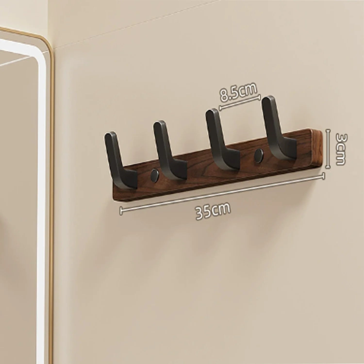 Wall Coat Rack — Walnut Wood with Black or White Hooks detail shot of finish