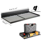 Flat lay overhead view of two-piece iron power tool wall organiser set with tape measure for scale