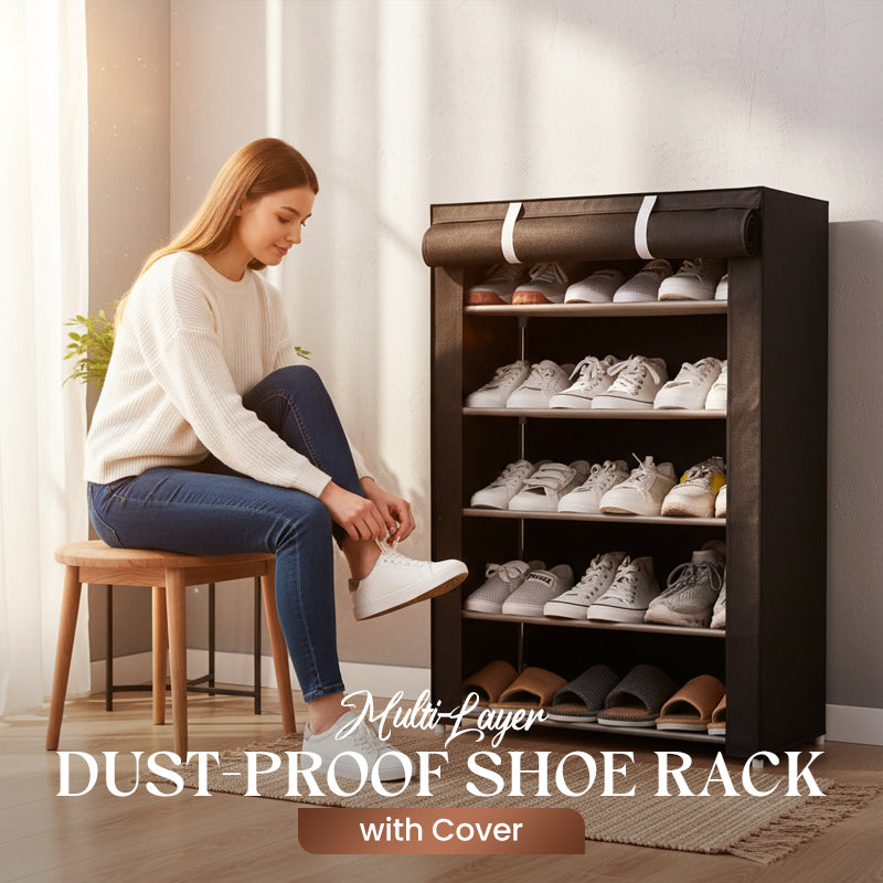 Shoe Rack with Dust Cover — 6 or 8 Tier front view on neutral background