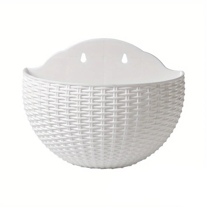 Wall-Mount Plant Pot — Rattan Style Plastic front view on neutral background