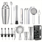 Cocktail Set 20-Piece Stainless Steel with Stand front view on neutral background
