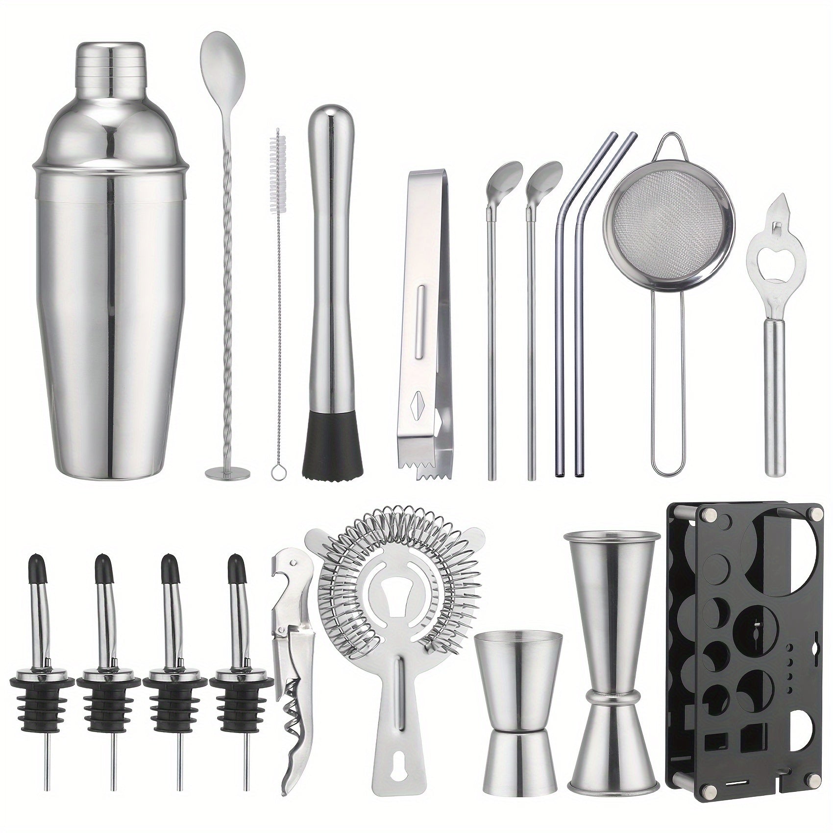 Cocktail Set 20-Piece Stainless Steel with Stand front view on neutral background