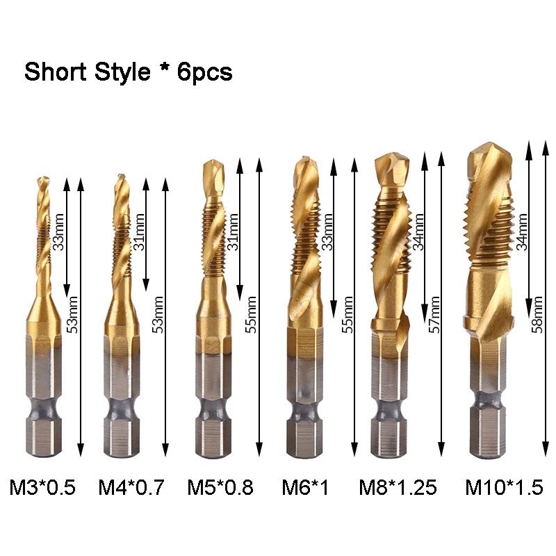 6-Piece Spiral Tap Set — HSS with Titanium Coating front view on neutral background