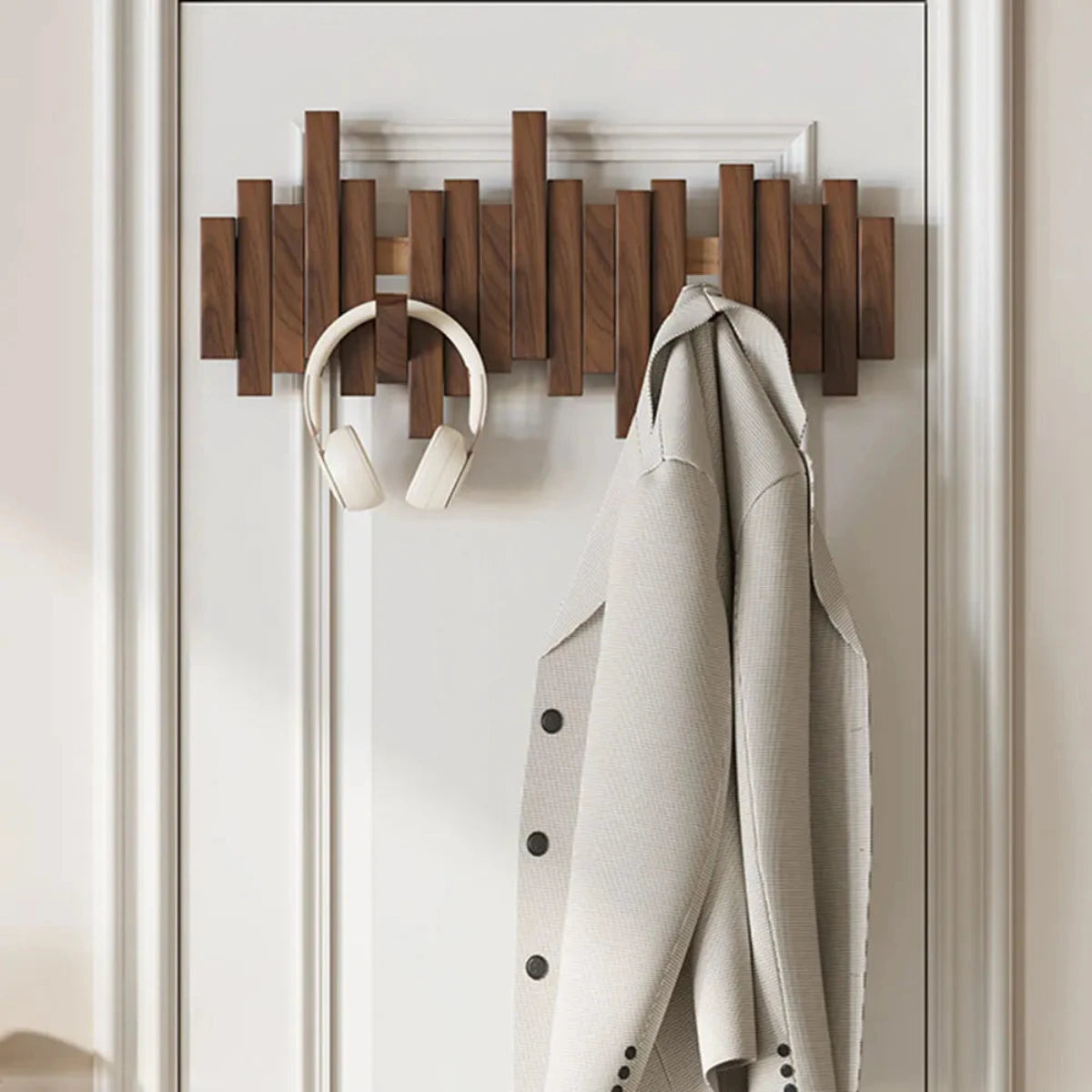 Wall Coat Rack — Walnut & Beech Wood Piano Style front view on neutral background