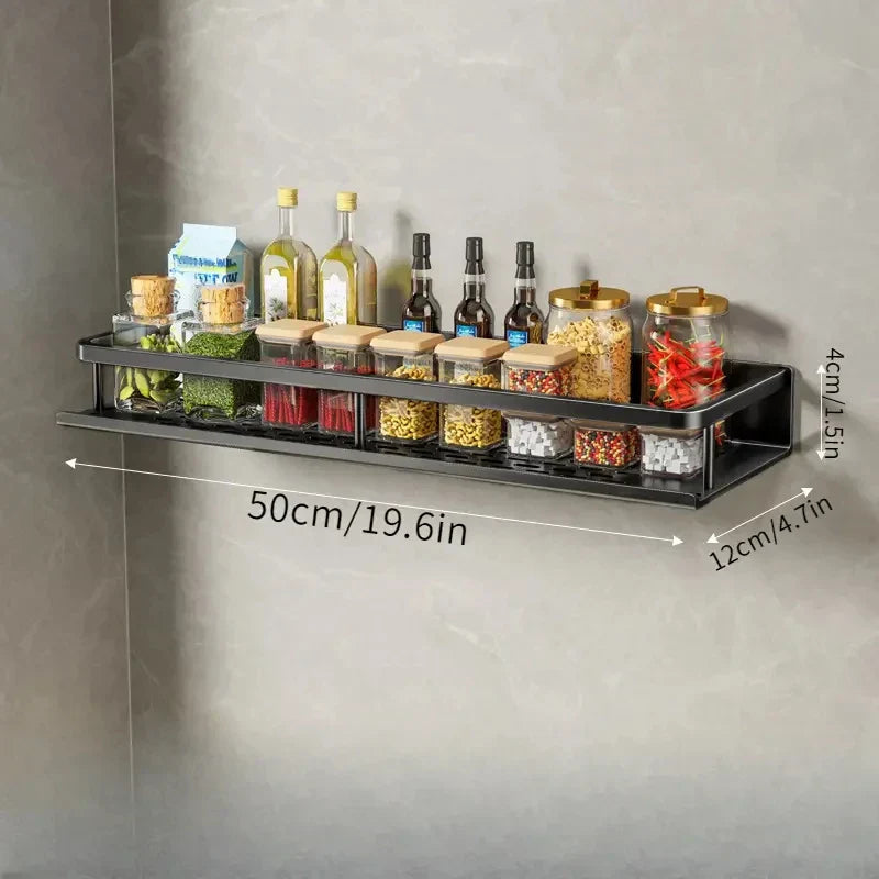 Wall-Mount Kitchen Shelf — Black Aluminium with Hooks front view on neutral background