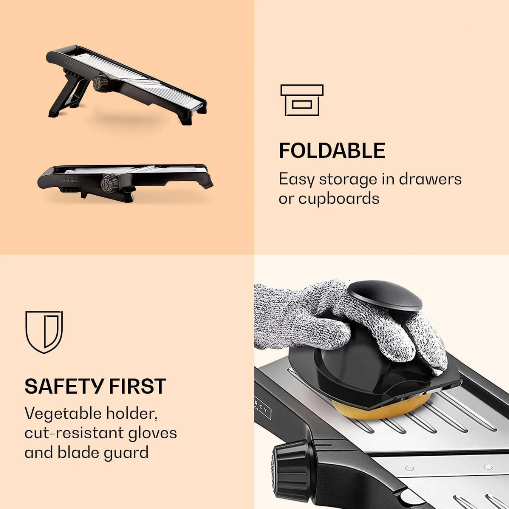 Mandoline Slicer with Cut-Resistant Gloves front view on neutral background